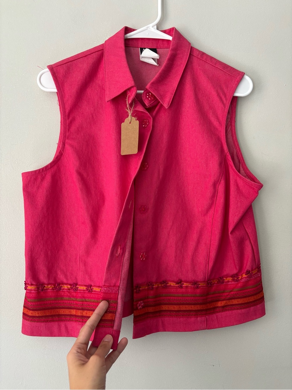 Vintage Fairycore Embroidered Boho Cottagecore Fuchsia Denim Vest Medium Large